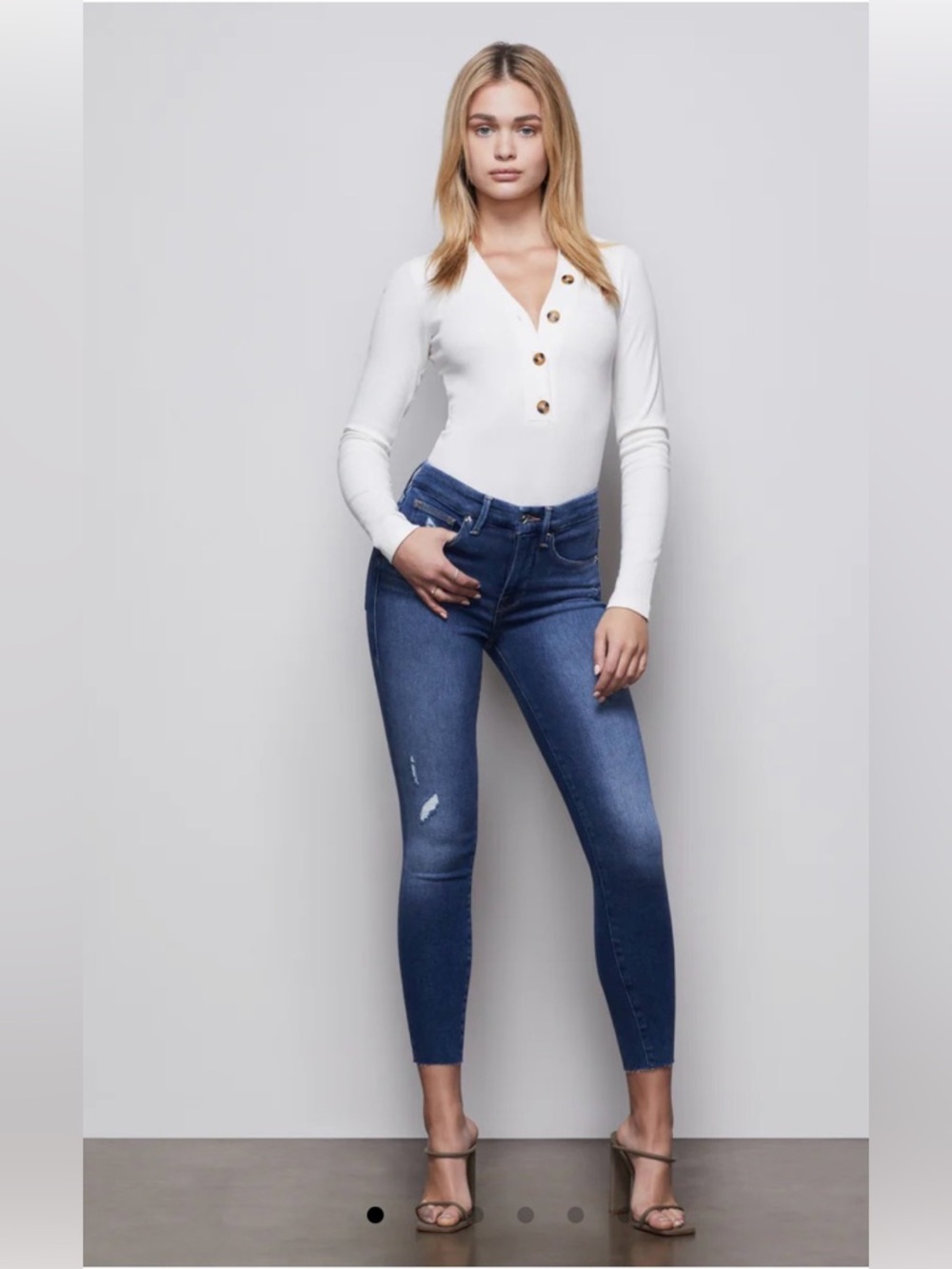 Good American Good Legs Crop Skinny Stretch Jeans Distressed Raw Hem size 16